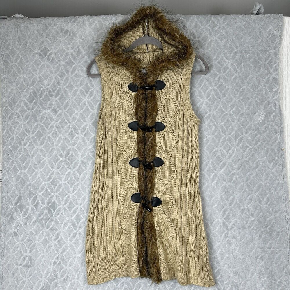Y2K Hooded Sweater Vest Womens Small Tan Faux Fur Trim Toggle Chunky Penny Lane